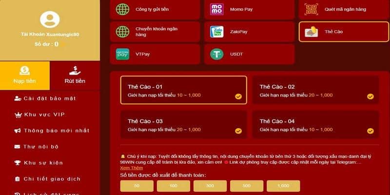 Nạp tiền 98win qua thẻ cào